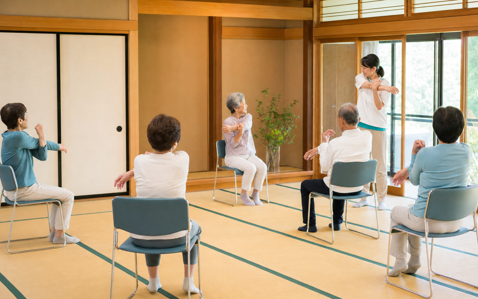 公民館の一室で高齢の参加者が椅子に座って体操をし、支援者が寄り添う地域の健康講座の風景写真